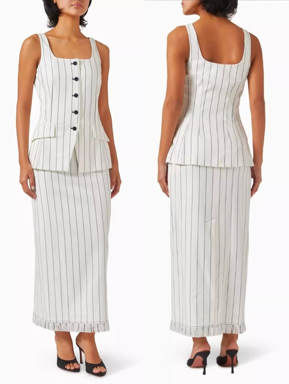 NWT JONATHAN SIMKHAI White Xandria Pinstripe Vest Style Frayed Hem Midi Dress